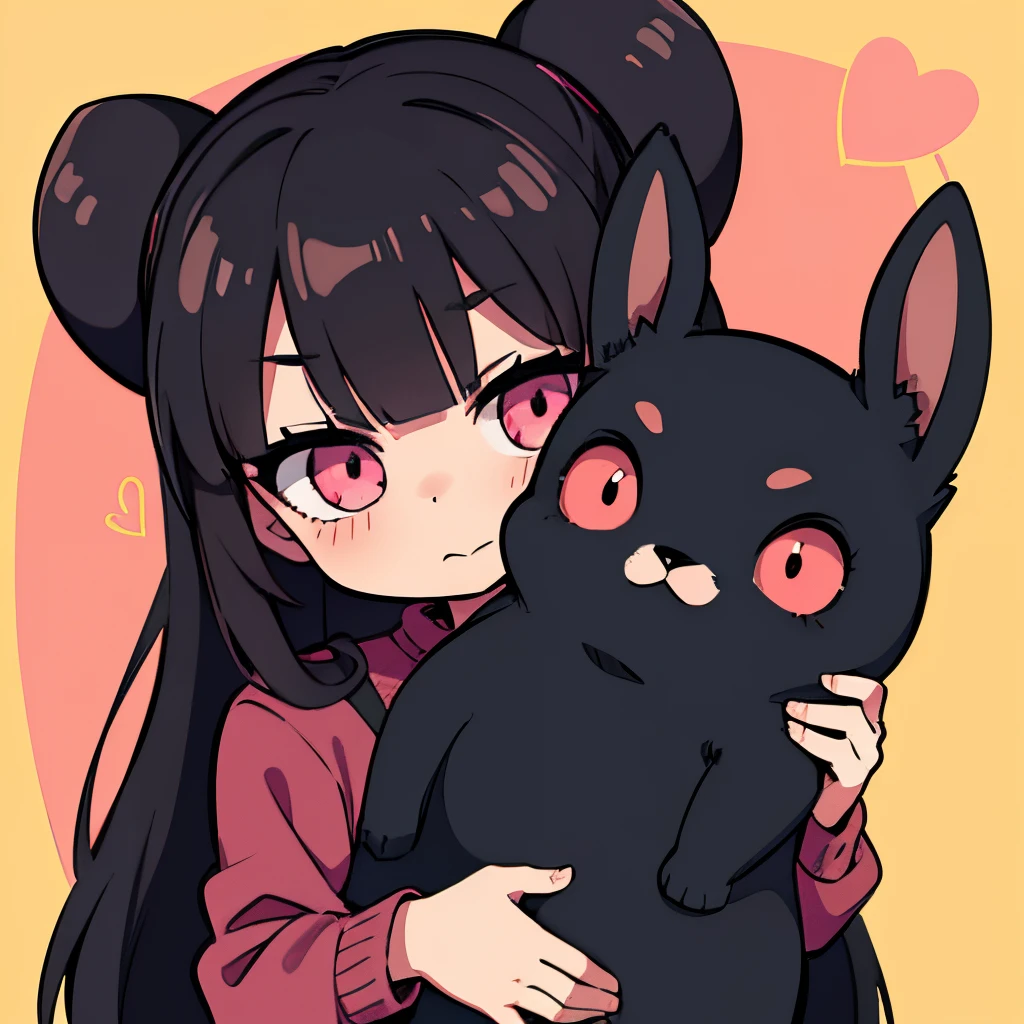 1girl,tchibi,Buffy,mano,V logo,beckon, Love you,black long hair,pink eyes, black costume, hugging a rabbit