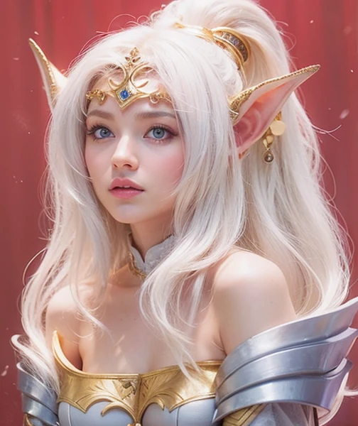 a young women elf, white long pony tail hair, blue eyes, pointy nose, sexy lips, using silver and gold armor