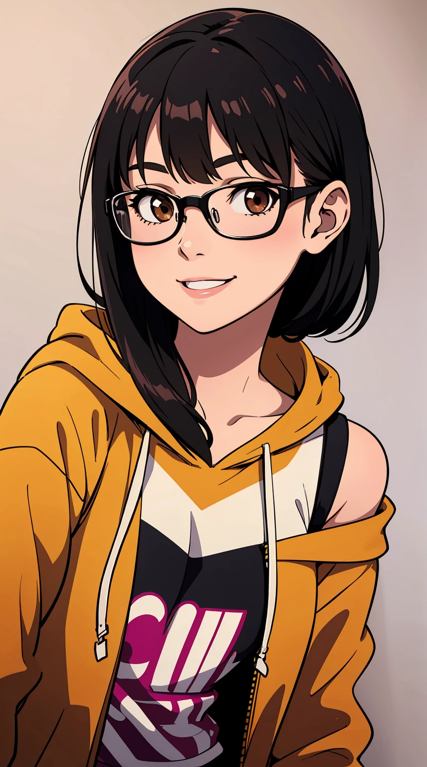 Girl with black straight hair, straight, shoulder lenght hair. Brown eyes, wearing glasses, hair parted in middle, no bangs, smiling. Wearing hoodie, round face, little chubby.