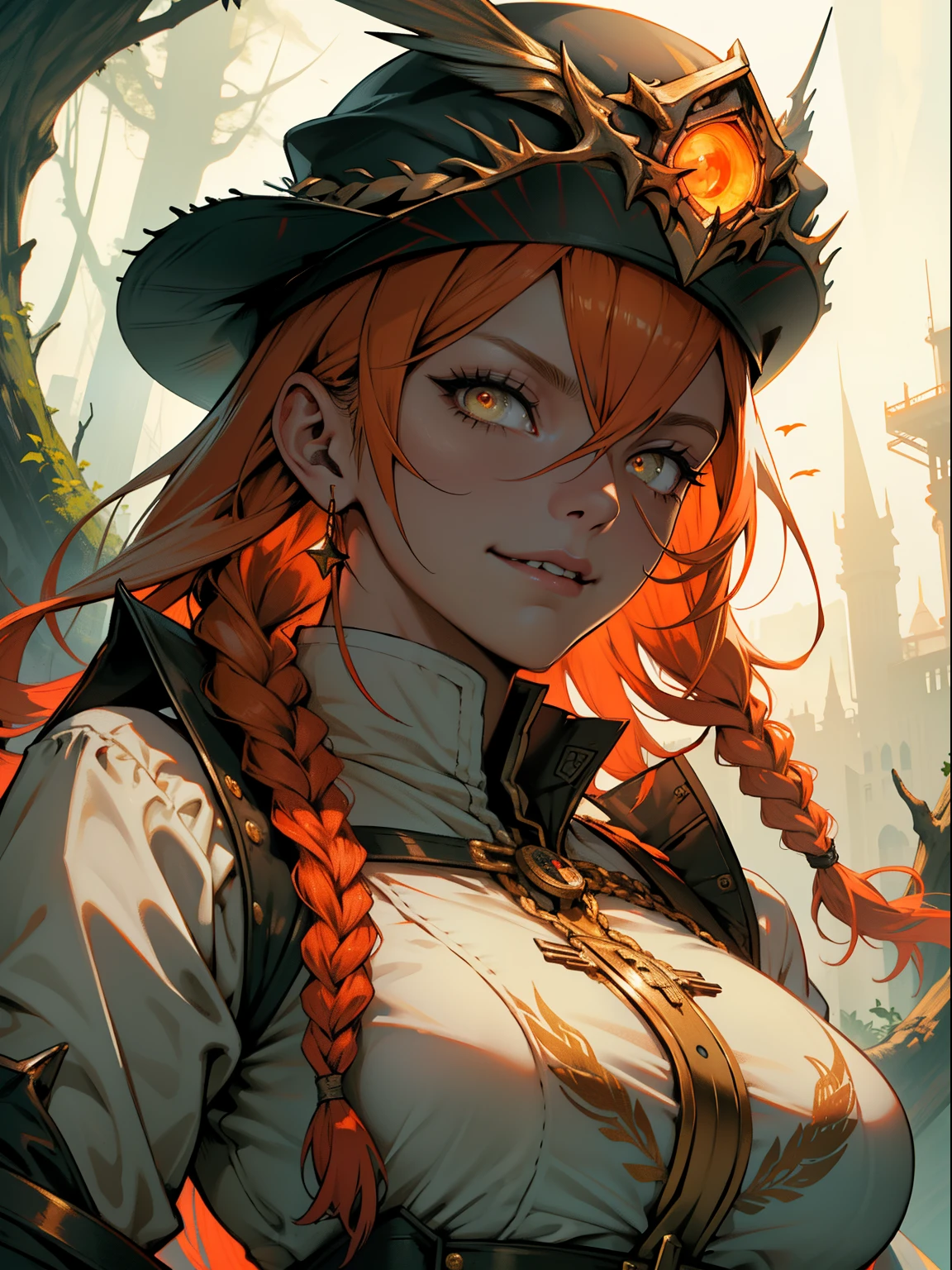 run away (chainsawman), Best quality at best, ultra - detailed, 1个Giant Breast Girl, Alone, Permanent, redheadwear, long braid, gold eyes, By bangs, mediuml breasts, white shirt, tiese, stare at, ssmile, (evil:1.2), looking at viewert, (Interview:1.3), (deep dark background), from below, criando um contraste impressionante , gorgeous detailed eyes, focal point , Close-up Shot Shot , Glowing orange eyes,Front view