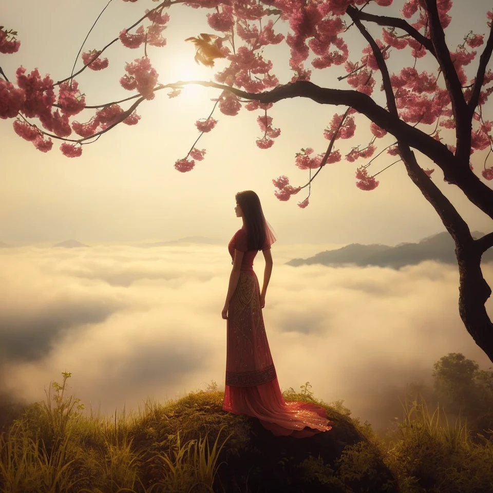 Araffe woman in long dress standing on a hill with trees, Get lost in a dream fairy landscape, beautiful girl on the horizon, Dreamy scenes, A distant, dreamy atmosphere, Goddess in the flower field, Very beautiful and ethereal, beautiful avatar pictures, Beautiful Fantasy, Very beautiful images., She's approaching heaven., beautiful and beautiful, Beautiful wallpapers