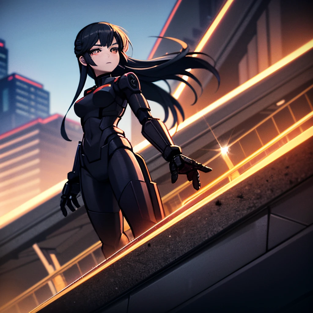 Young woman, dark blue hair, red eyes, goth girl, wearing black benet, mecha girl, robot girl, floating in air, robotic woman, metal in body, black iron, on a cyberpunk city, 4k, masterpiece, HD, anime 2D