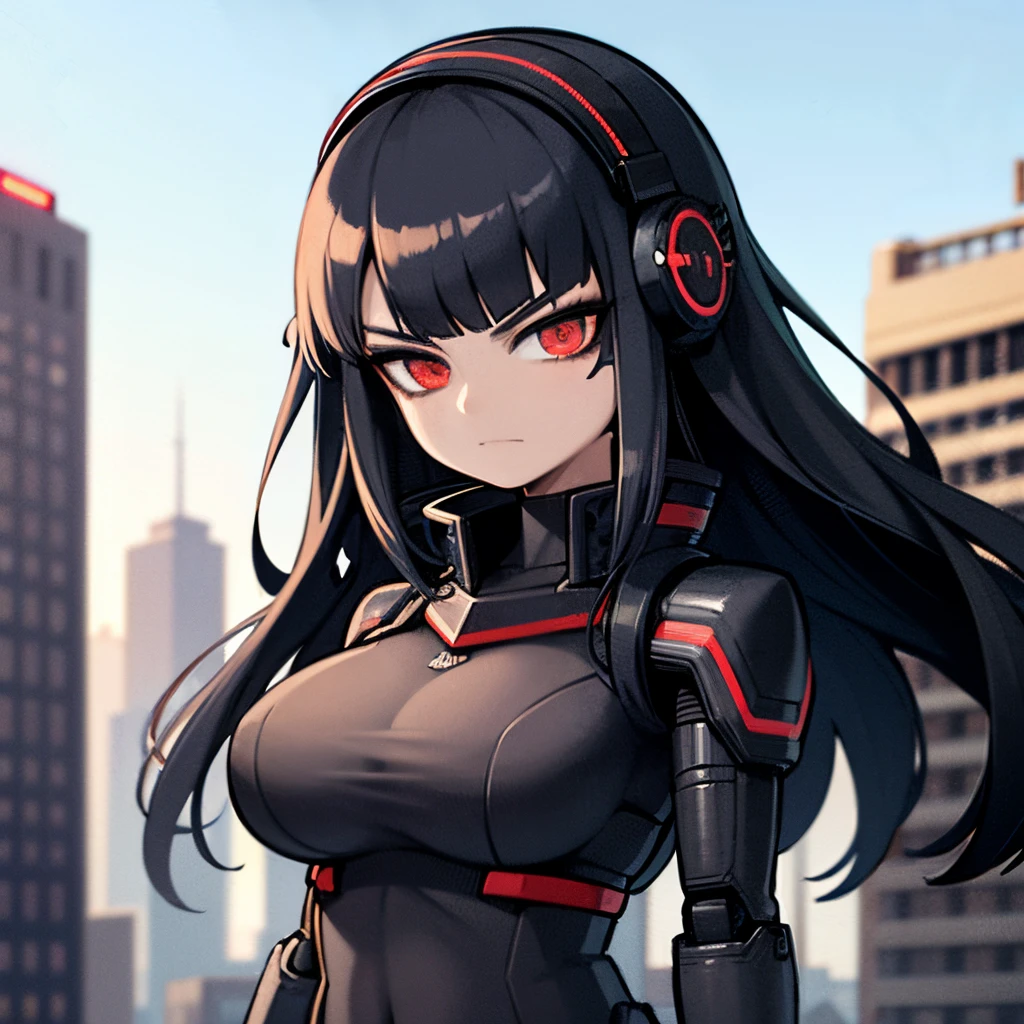 Young woman, dark blue hair, red eyes, goth girl, wearing black benet, mecha girl, robot girl, floating in air, robotic woman, metal in body, black iron, on a cyberpunk city, 4k, masterpiece, HD, anime 2D