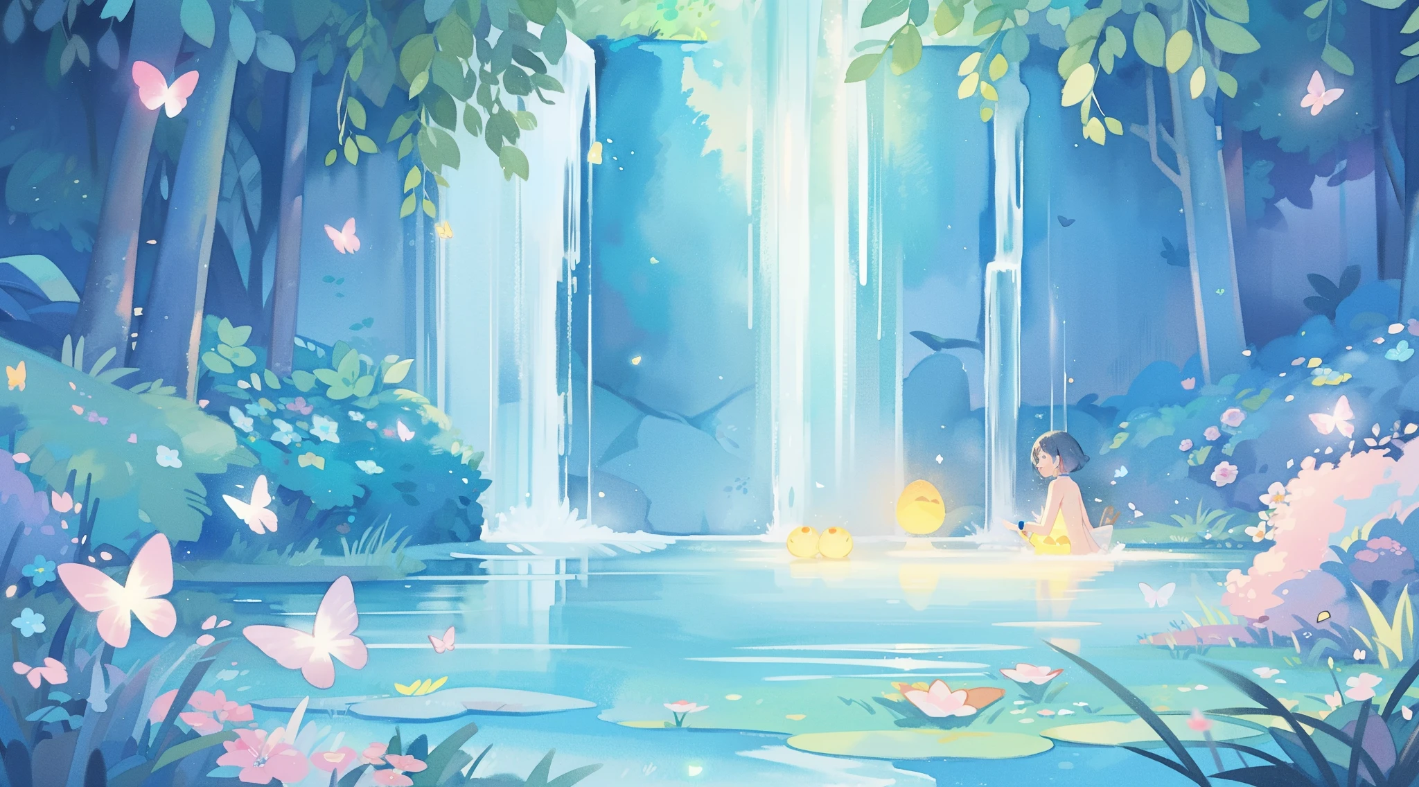 picture book illustration, watercolor storybook illustration, vibrant pastel colors, dreamy, colorful, whimsical, magical, masterpiece, best quality, sharp focus, intricately detailed environment, fine detail, 8k resolution, waterfall lagoon, (magical lagoon), (waterfall, lake), (glowing lights, fireflies, glowing butterflies