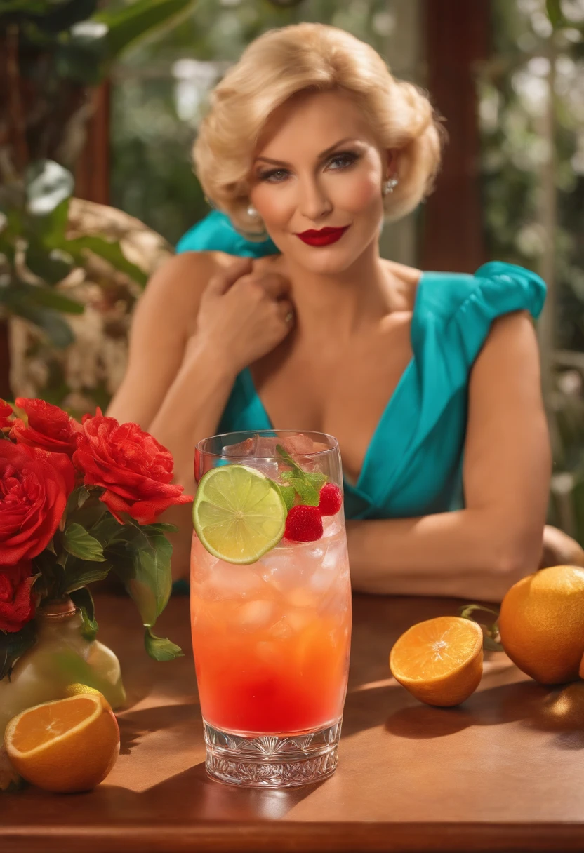 A boomerang of the cougar drinking a colorful cocktail with a young man,original,Blonde, white, fake boobs. Fillers and other cosmetic surgeries. Dresses in too small clothes and has loads of makeup.