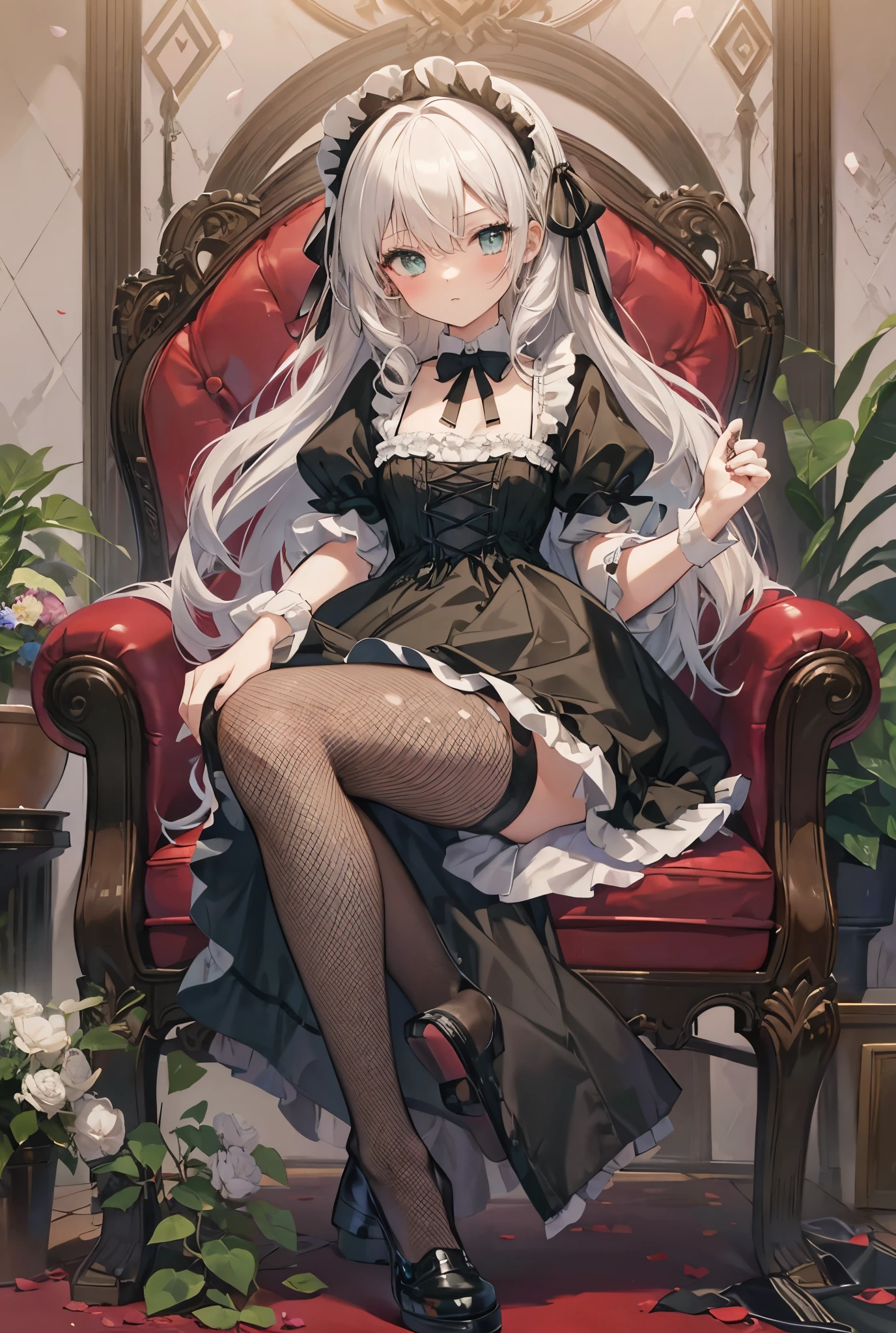 one girl,curly hair,fishnet pantyhose,fishnets,striped socks,very long hair,gothic,tartan,no shoes,dress design,victorian dress,white hair,slippers,swimsuit,babydoll,bloomers,maid headdress,hair ribbon,hair bow,foot,artbook,huge filesize,collar,flower petals,green eyes,saliva,small chest,brown boots,