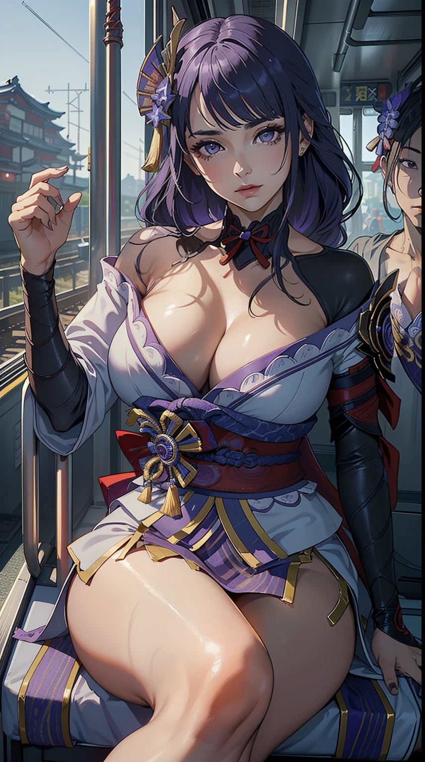 Solo, ((masterpiece)),(best quality),((ultra detailed)), (dynamic angle),((beautiful detailed eyes), ((dynamic pose)), pretty face, ((cleavage, sexy, in the train, sitting)),((raidenshogundef))