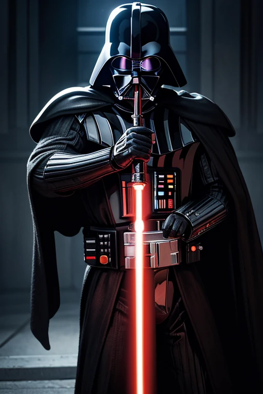 darth vader from star wars swings his light saber, ((masterpiece, best quality)), illustration, ultra detailed 8k, photorealistic, sharp focus, highly detailed, professional lighting, colorful details,