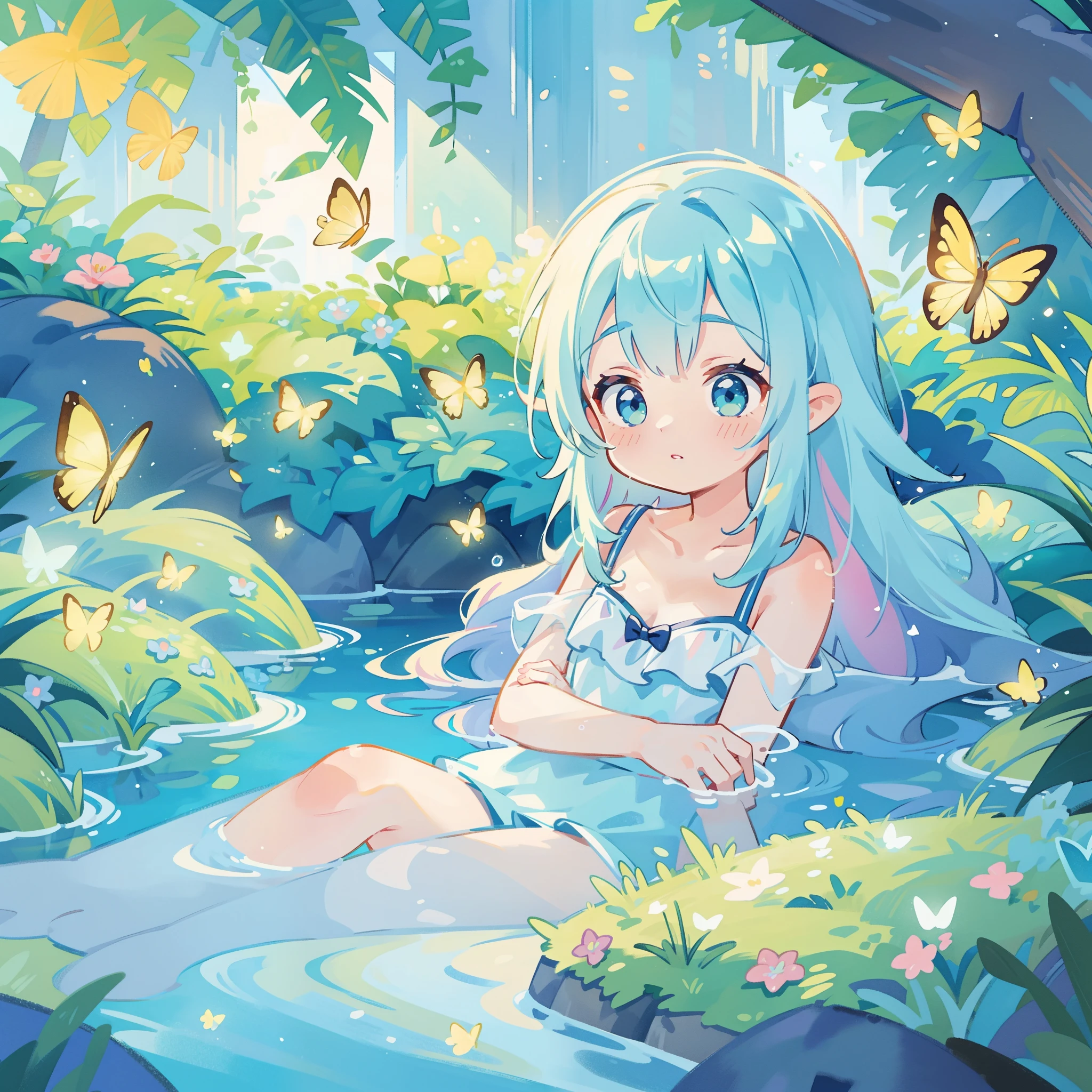 watercolor illustration, vibrant pastel colors, dreamy, colorful, whimsical, magical, masterpiece, best quality, sharp focus, intricately detailed environment, fine detail, 8k resolution, waterfall lagoon, water nymph girl, (magical lagoon), (waterfall, lake), (beautiful nymph girl swimming in water), glowing lights, fireflies, glowing butterflies, glowing pixies