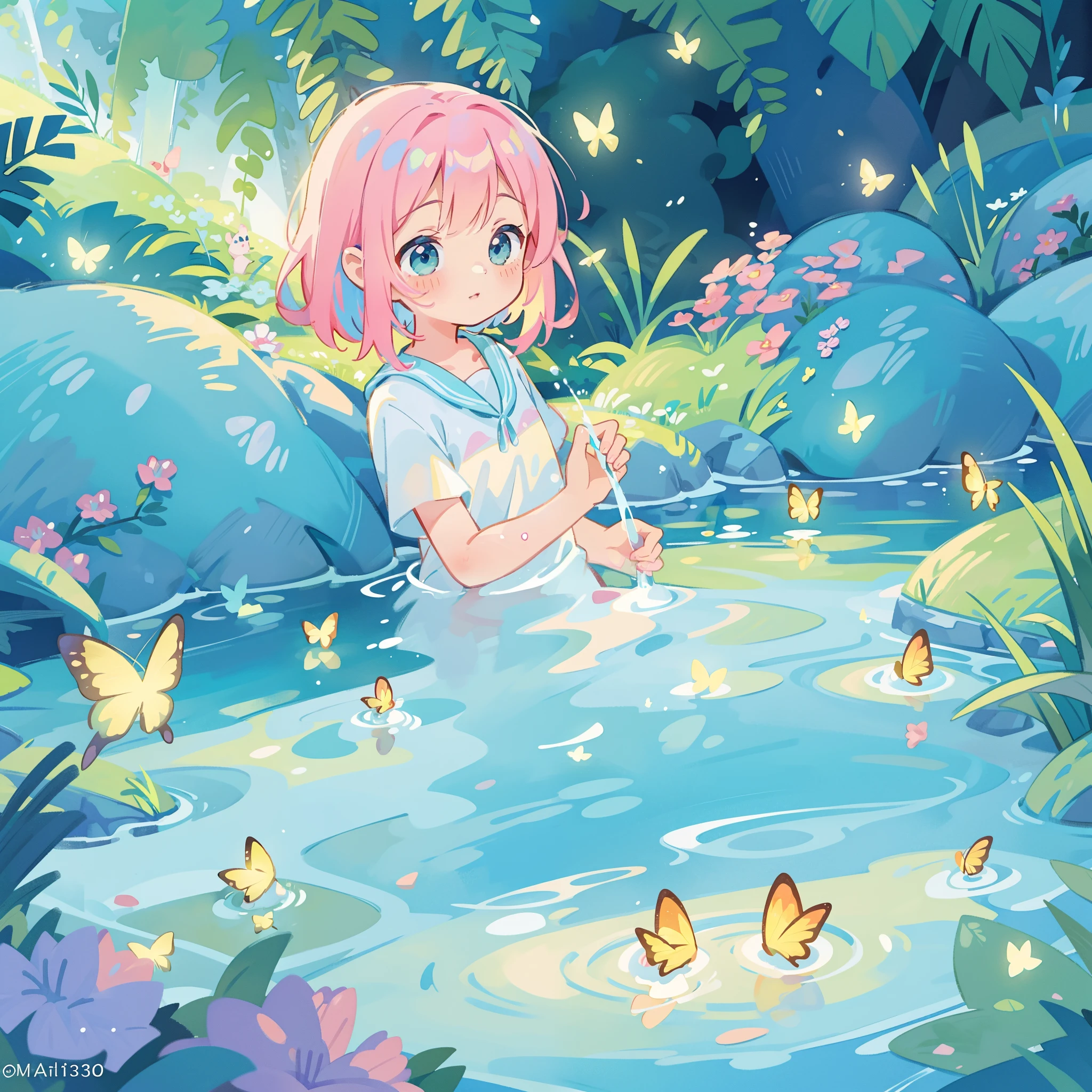 watercolor illustration, vibrant pastel colors, dreamy, colorful, whimsical, magical, masterpiece, best quality, sharp focus, intricately detailed environment, fine detail, 8k resolution, waterfall lagoon, water nymph girl, (magical lagoon), (waterfall, lake), (beautiful nymph girl swimming in water), glowing lights, fireflies, glowing butterflies, glowing pixies