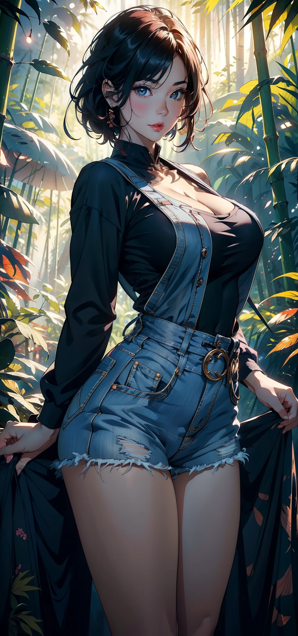 1female，36 years old，熟妇，mature，Bigchest，big chest and thin waist，lean legs，long leges，plump and sexy， photo exposure， 独奏，（Background with：bamboo forrest，the rainforest） She has short pink hair，Stand deep in the forest，seen from the front， hair straight， themoon，overcast day，（（（tmasterpiece），（Very detailed CG unified 8k wallpaper），Best quality，电影灯光，detailed back ground，beautidful eyes，Bright pupils，（very delicate beautiful），（Beautiful and detailed eyes description），黑The eye，Redlip，ultra - detailed，tmasterpiece，）），facing at the camera，A high resolution，ultra - detailed），Expose breasts exposed，Bare genitals，legs are open，sexyposture，Camel toes，（dressed in：aprons，Sexy denim shorts，Coveralls）