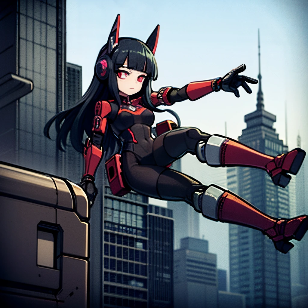 Young woman, dark blue hair, red eyes, goth girl, wearing black benet, mecha girl, robot girl, floating in air, robotic woman, metal in body, black iron, on a cyberpunk city, 4k, masterpiece, HD, anime 2D