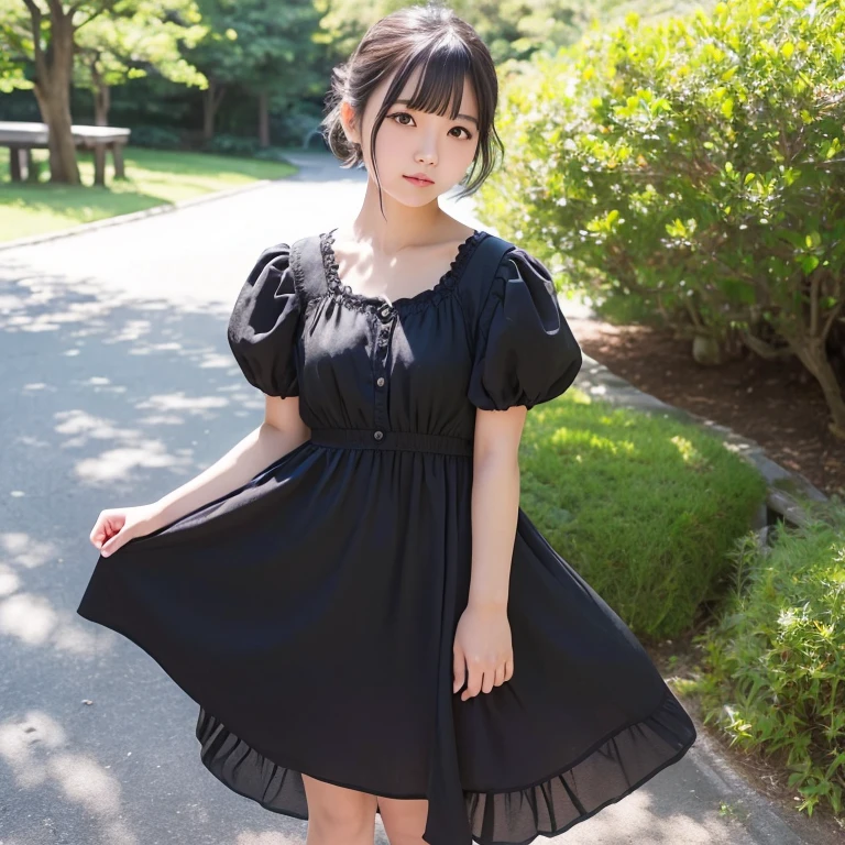top-quality、超A high resolution、(Photorealsitic:1.4)、Raw photography、1 Japan Female、20yr old、独奏、cute little、detailed beautiful faces、(Shorthair)、a park、Black Dress、Yoshiko Akishino