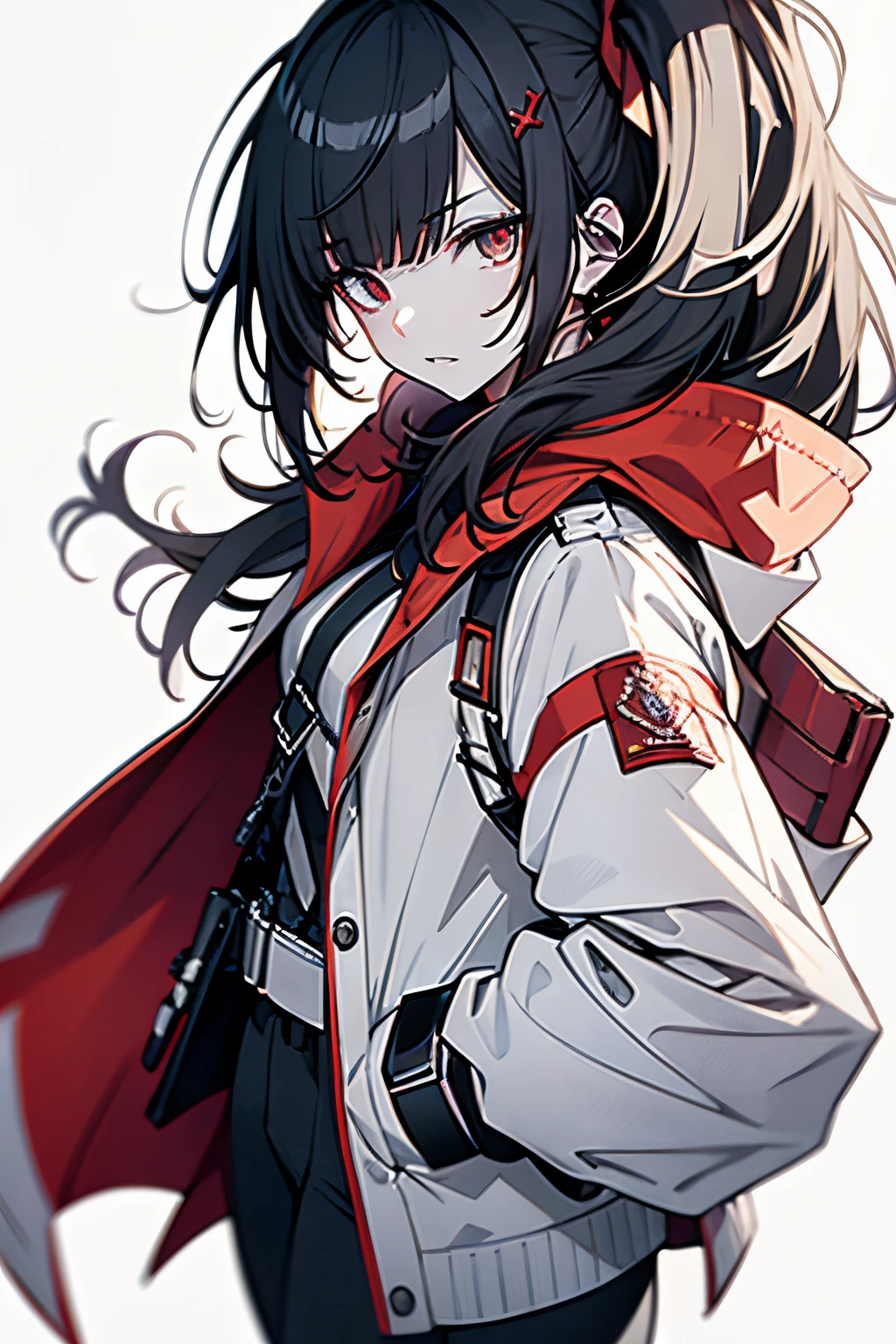 Full body, White one-piece military uniform, (masutepiece:1.2, Best Quality), (finely detailed beautiful eye: 1.2), (beautifull detailed face), High contrast, (Best Illumination, Extremely delicate and beautiful), ((Cinematic Light)), Dramatic light, Intricate details,(Pale white background:1.5), oversized red coat, hands in pockets, black hair, red eyes, body harness bert, side ponytail hair,