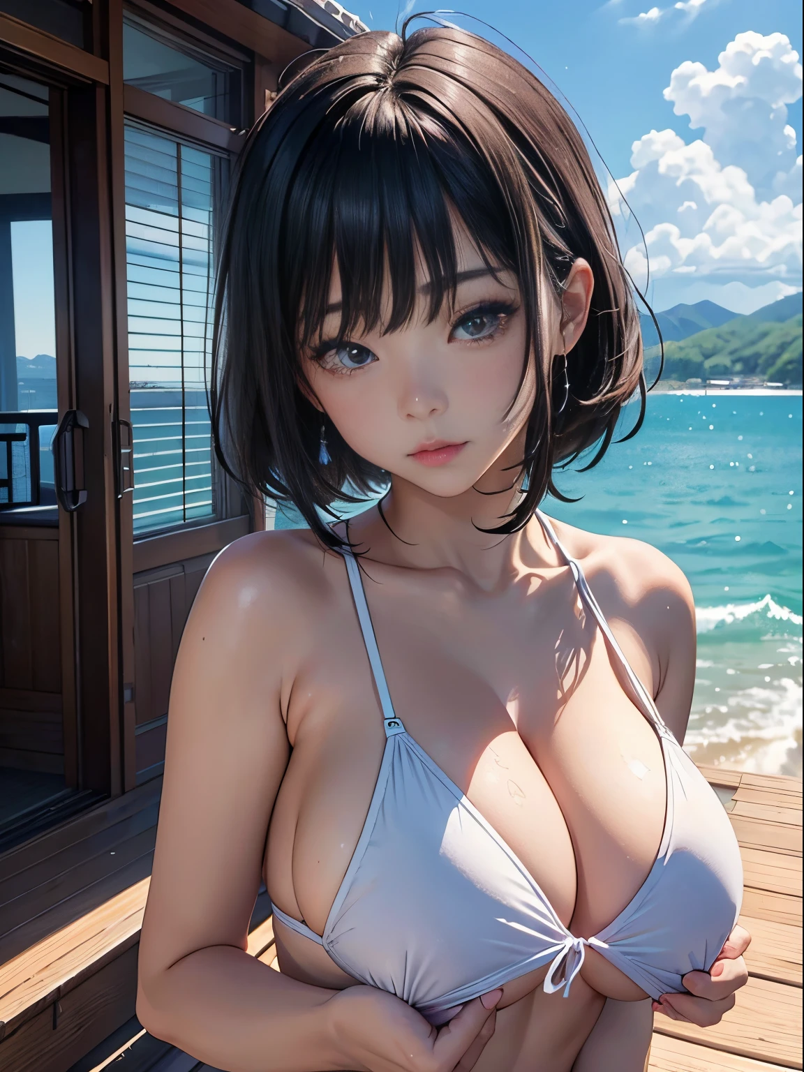 20 years girl、(​masterpiece:1.4)、(in 8K、realisitic、Raw photo、top-quality:1.4)、(Real Face:1.4)、(real looking skin:1.3)、超A high resolution、A hyper-realistic、Brown eyes、high detailing、black hair shorthair、a white bikini、(huge-breasted:1.4)、cleavage of the breast、blushing、Embarrassed look、Popular Korean Makeup、on the deck of the cruiser、Mare、blue-sky