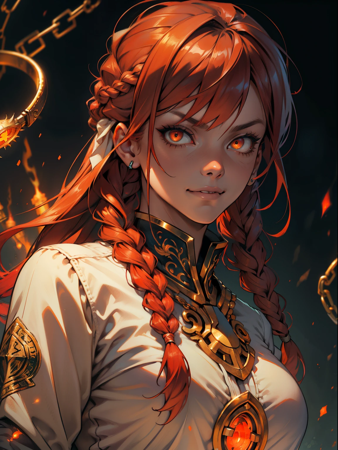 run away (chainsawman), Best quality, ultra - detailed, 1 busty girl, Alone, Eternal, red hair clothing, long braid, gold eyes, through bangs, mediuml breasts, white shirt, tics, staring off, ssmile, (evil:1.2), looking at viewert, (Interview:1.3), (Deep dark background), from below, Krandor · Contrasting Impressions , gorgeous detailed eyes, focal , Close-up shot , Glowing orange eyes,Front view