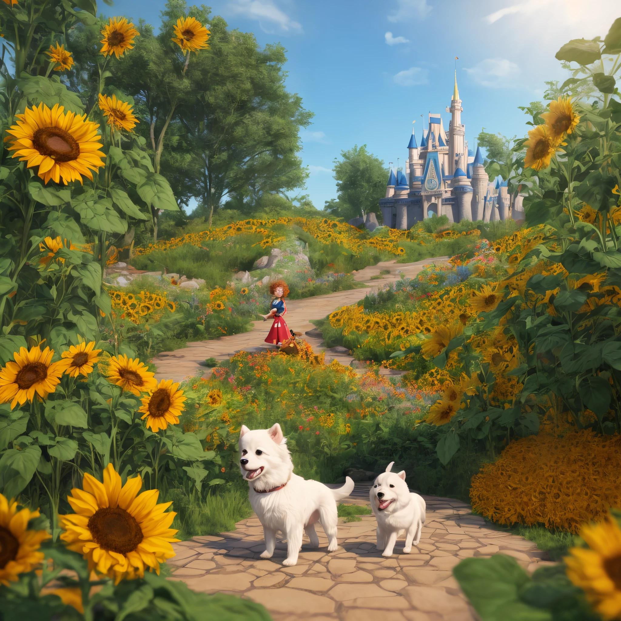 Create a 3D poster for a Disney Pixar movie, of a female puppy dog ,white with curly hair of the Pomeranian Lulu breed , correndo ao centro da imagem carregando uma folha seca marron , in the background of a landscape of flower beds with sunflowers , The title of the film is “The Adventures of Mavie” 3D render , curvas suaves ,
