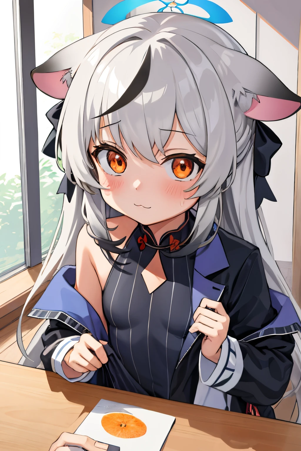 masterpiece, best quality, ultra-detailed, 1girl, kokona, indoors, orange eyes, :3,face, close-up