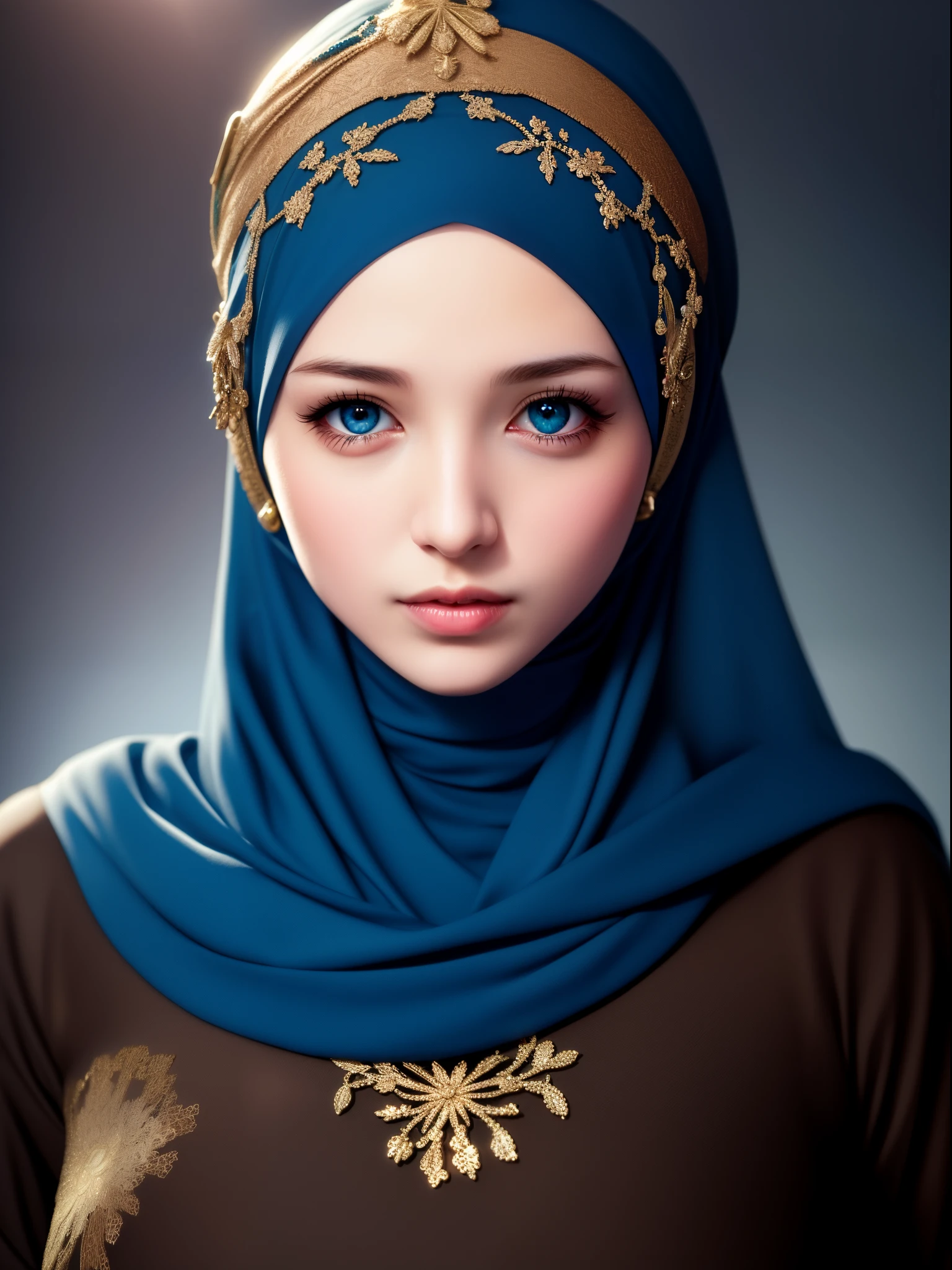 best quality, masterpiece, highres, moslem female dress, necklace, Beautiful face, (upon body from head to waist:1.37), tyndall effect, photorealistic, dark studio, rim lighting, two tone lighting, 8k uhd, dslr, soft lighting, high quality, volumetric lighting, candid, Photograph, high resolution, 4k, 8k, Bokeh, (hyperrealistic girl), (illustration), (high resolution), (extremely detailed), (best illustration), (beautiful detailed eyes), (best quality), (ultra-detailed), (masterpiece), (wallpaper), (photorealistic), (natural light), (rim lighting), (detailed face), (high detailed realistic skin texture), (anatomically correct), (solo), (1 girl), (heterochromic eyes), (detailed eyes), (sparkling eyes), (long legs), (big breasts), (dynamic pose), (concentrated expression), (wearing hijab:1.4), moslem headscarf.