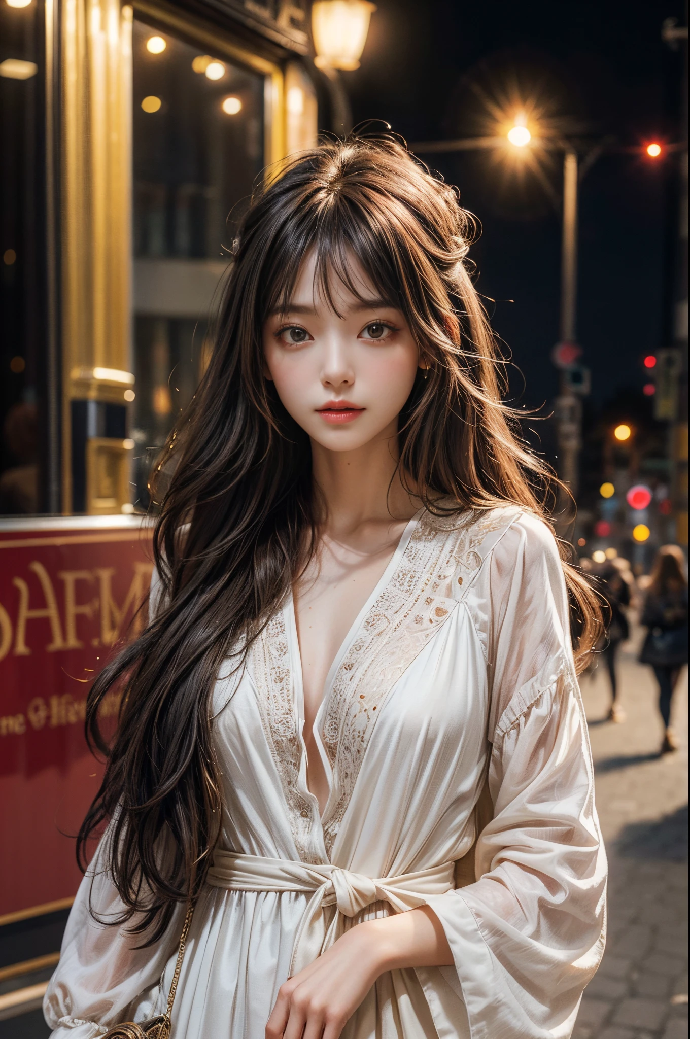 A girl with long messy hair stands in front of a world-famous theater. The theater is a super-detailed CG unified 8k wall, Featuring stunning architectural details and vibrant colors. girl&#39;flowing knotted hair, Add a touch of natural beauty to the scene. The lights in the cinema are like watching a movie, Warm soft light illuminates the girl&#39;s face. Has subtle lens flare，Add drama to images. This girl has a cute and delicate appearance, It has beautiful delicate eyes and lips. The overall image quality is of the highest standard, Featuring ultra-detailed textures and intricate details. This is a masterpiece of the perfect fusion of art and technology.