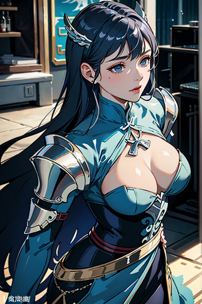 close up shot of a woman in a silver and blue dress, silver armor, large breasts, cleavage, chengwei pan on artstation, by Yang J, detailed fantasy art, stunning character art