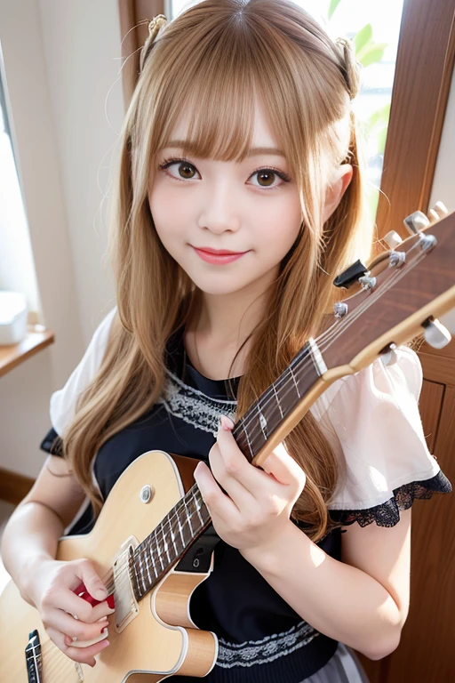 masutepiece, Best Quality, Illustration, Ultra-detailed, finely detail, hight resolution, 8K Wallpaper, Perfect dynamic composition, Beautiful detailed eyes, Women's Fashion Summer,Medium Hair,Small breasts natural color lip,,Smile,Harajuku、20 years girl、Cute、Sexy shot looking at camera、(holding an electric guitar)