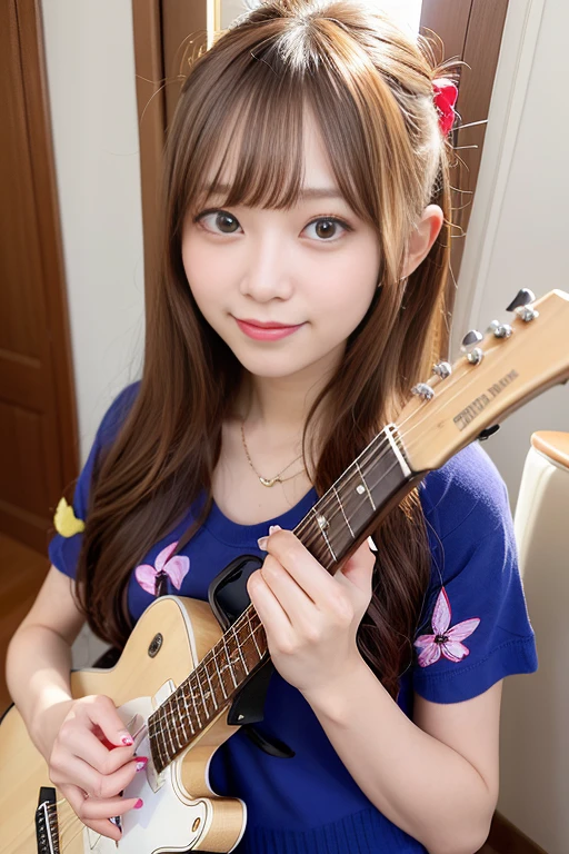 masutepiece, Best Quality, Illustration, Ultra-detailed, finely detail, hight resolution, 8K Wallpaper, Perfect dynamic composition, Beautiful detailed eyes, Women's Fashion Summer,Medium Hair,Small breasts natural color lip,,Smile,Harajuku、20 years girl、Cute、Sexy shot looking at camera、(holding an electric guitar)