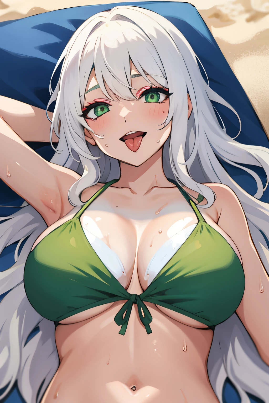 one girl, long wavy hair, white hair, light green eyes,big breasts,(makeup),(happy,open mouth,tongue out), dark green bikini top,hands behind head,lying down, pov from front and above,beach,sweating body,shining body,(suntan)