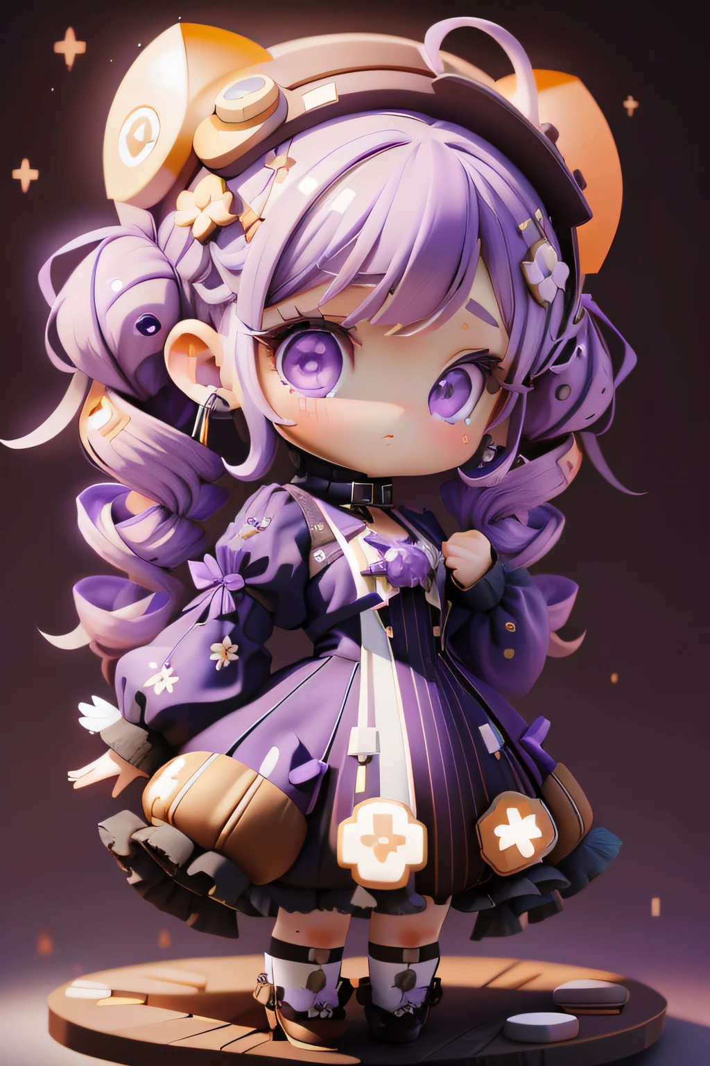 plastican00d, 1girl in, Chibi, amber, twin drills, medium violet, luxury fabrics, dithering, Far-reaching,Looking at Viewer,