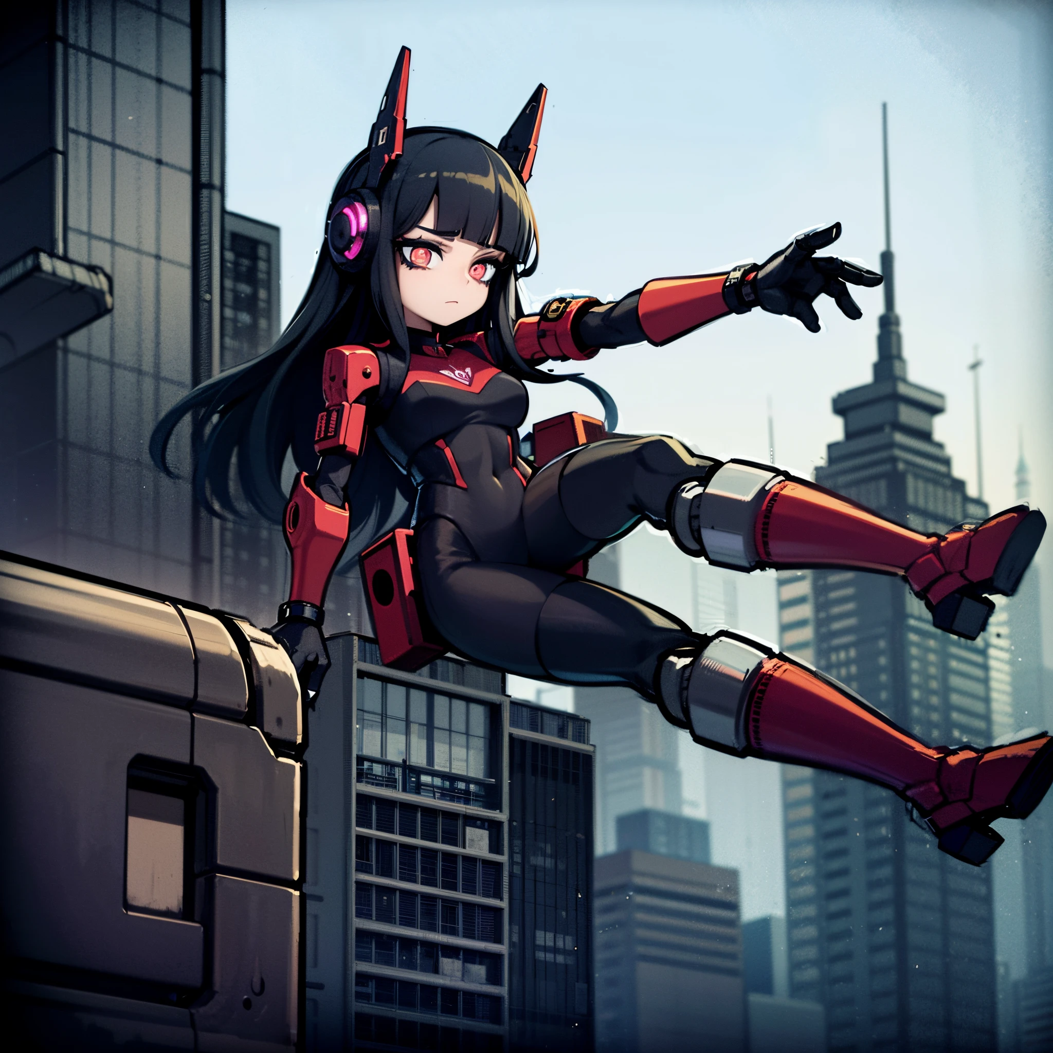 Young woman, dark blue hair, red eyes, goth girl, wearing black beret, mecha girl, robot girl, floating in air, robotic woman, metal in body, black iron, on a cyberpunk city, 4k, masterpiece, HD, anime 2D, good anathomy