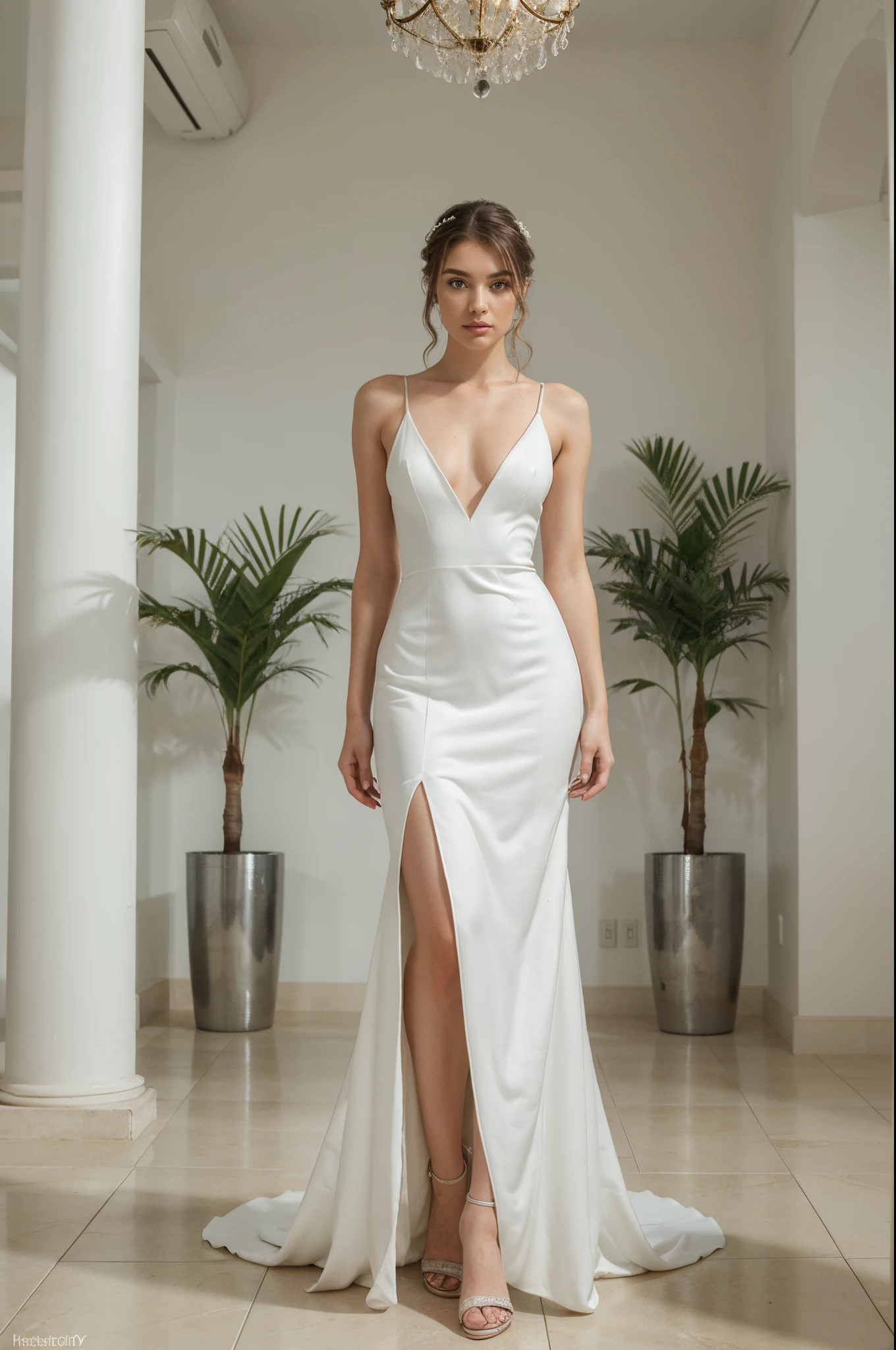 Top quality, Masterpiece, hyper HD, (Photorealistic: 1.4), RAW photo,ultra realistic, 1girl,Fashion model, unique Modern white wedding dress, full body, in white room with indoor decorative palm tree,stand upright and look straight,