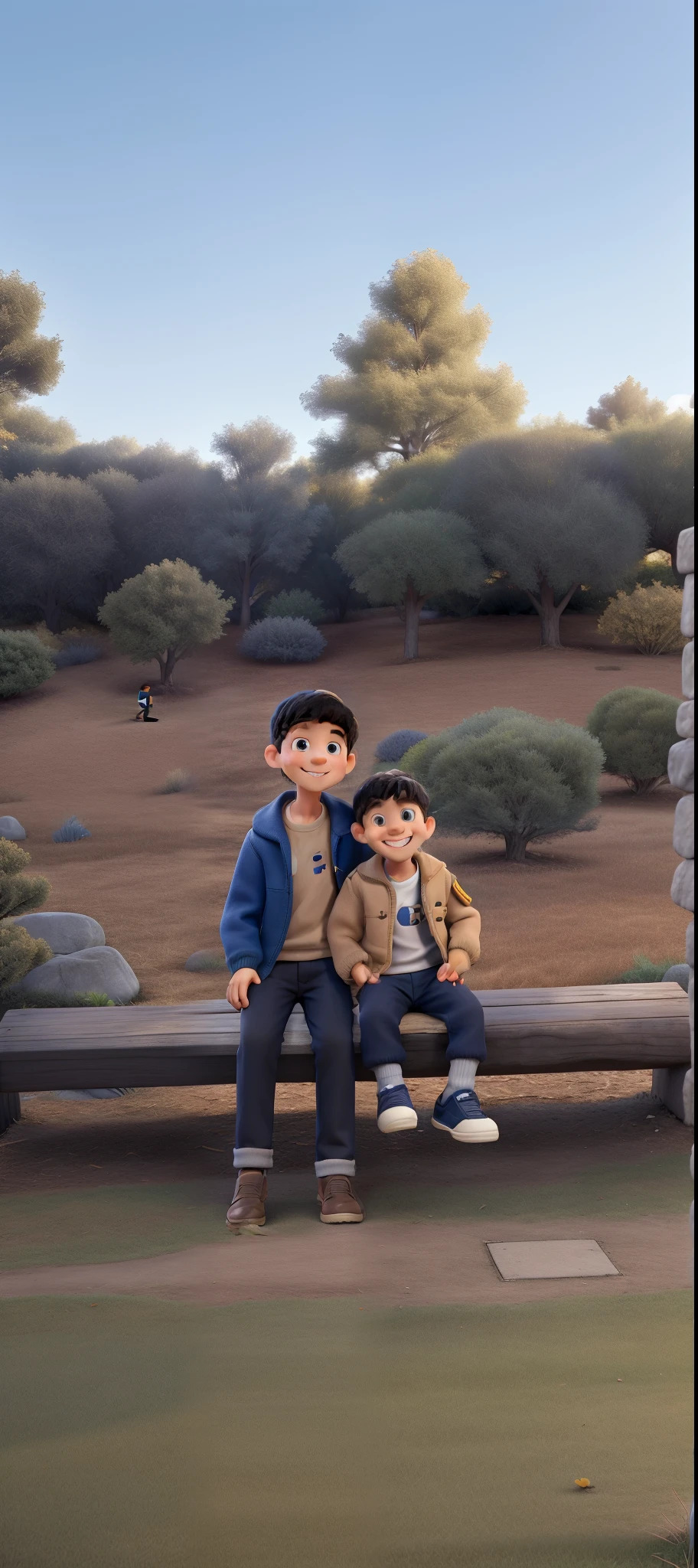 brother holding his 2 years oldiling and sitting on a bench with a takin staue at back. 6 years old son wearin jacket,beige shirt,black pant,black hair and a slipper.2 years old brother wearing brownket,black paint,white shoes,blue cap.elder brother is holding younger one.disney pixer image