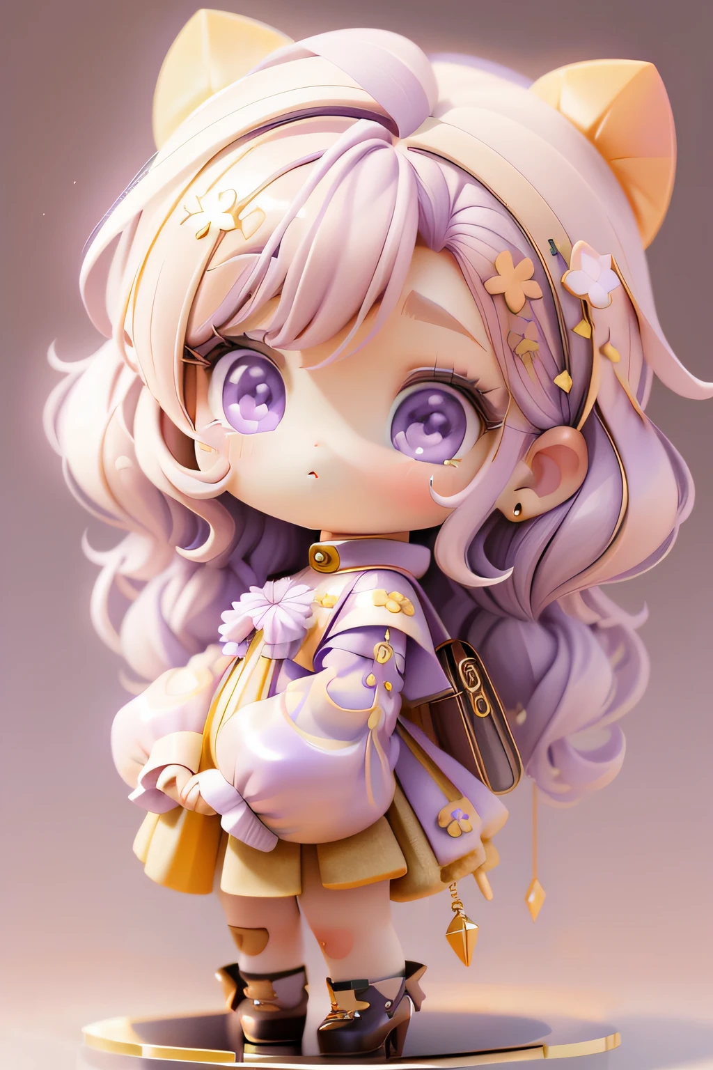 plastican00d, 1girl in, Chibi, amber, , medium pastel purple, luxury fabrics, dithering, Far-reaching,Looking at Viewer
