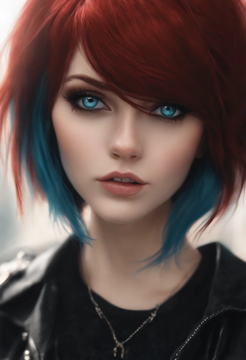(masterpiece), best quality, emo, emo girl,sadgirl, red hair,cute, tatto, close up,short hair, blue eyes, black clothes, sensual, glowing eyes, asthetic,style, stylish, piercing, happy,naughty, mischevious