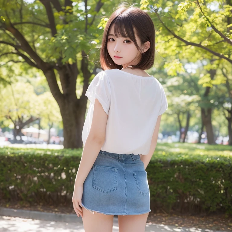 top-quality、超A high resolution、(Photorealsitic:1.4)、Raw photography、独奏、cute little、detailed beautiful faces、1womanl、24 year old、season、autumnal、a park、Shorthair、a miniskirt、posterior view、white clothes