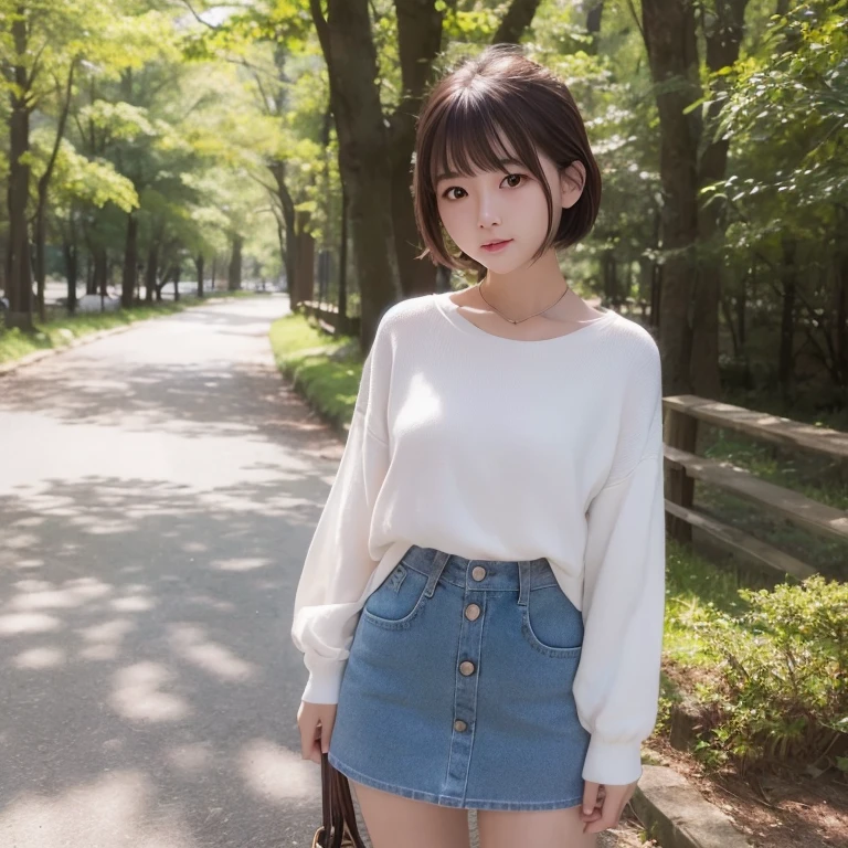 top-quality、超A high resolution、(Photorealsitic:1.4)、Raw photography、独奏、cute little、detailed beautiful faces、1womanl、24 year old、season、autumnal、a park、Shorthair、a miniskirt、posterior view、white  clothes
