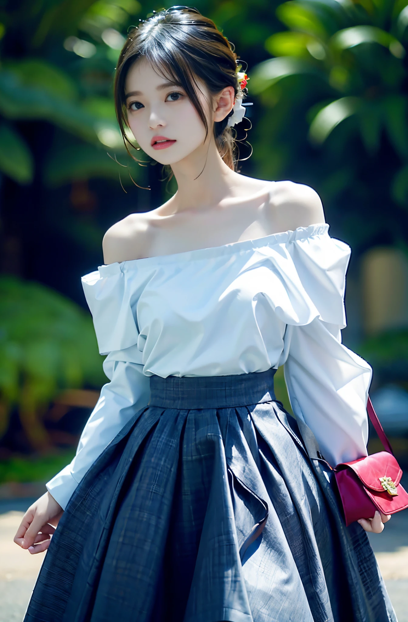 The off-the-shoulder top is available in white only、long skirt
