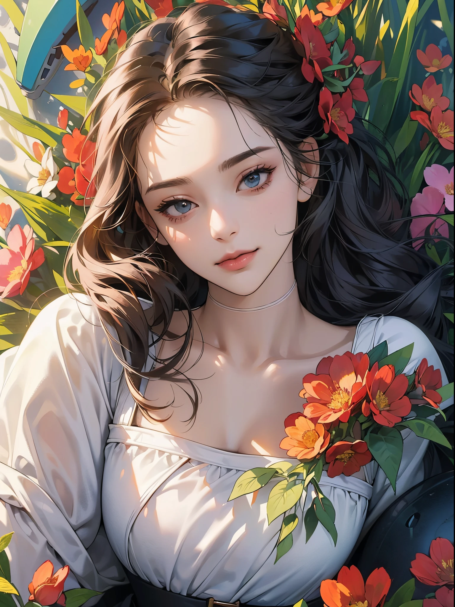 (close up face: 1.2), (upper body portrait: 1.3), ((woman lying in a flower garden)), early in the morning, (((top view, drone shot))), erotic pose, dramatic light