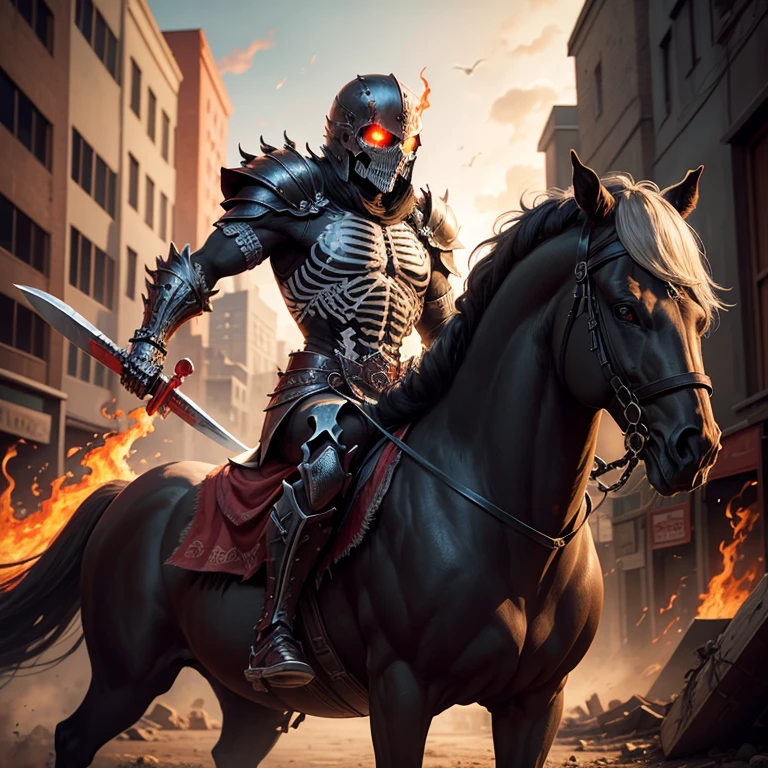 skeleton warrior，Black armor，red color eyes，ride horse，Armed with a long knife，flaming background，city ruins，Background commercial street