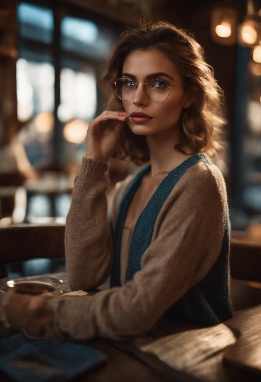 A photo of a character sitting at a dimly lit cafe table, sipping on a mocha and reading a book with an intense expression.,original,[{{((Hair: light brown + short + messy))
((Eyes: large + blue + piercing + doe eyes))
((Facial features: long sharp face + sharp jawline + straight nose + pointed chin + thin lips + pale))
((Build: tall + slender + lean + lithe + strong + large hands))
((Appearance: glasses + sweaters + neat + put together))}}]