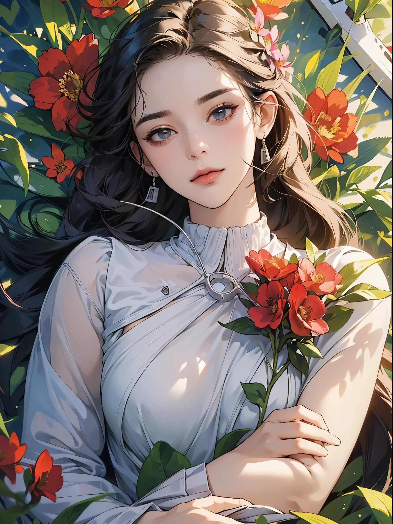 (close up face: 1.2), (upper body portrait: 1.3), ((woman lying in a flower garden)), early in the morning, (((top view, drone shot))), erotic pose, dramatic light