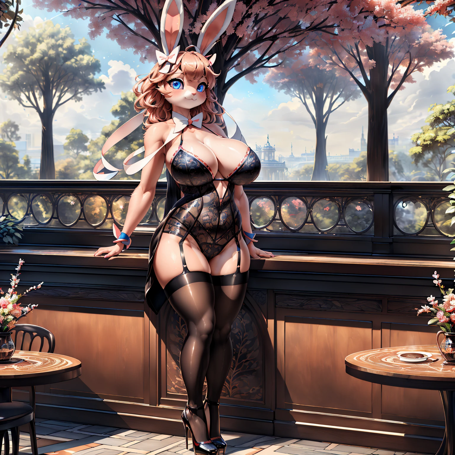 1girl (((Made by Complextree))), (Sylveon), ((solo)), ((big and firm breasts, antrum, extremely detailed, extremely detailed legs, extremely detailed arms, extremely detailed face, perfectly detailed eyes,perfectly detailed anatomy, playboy_bunny, black_pantyhose, high_heels, coffee shop)
