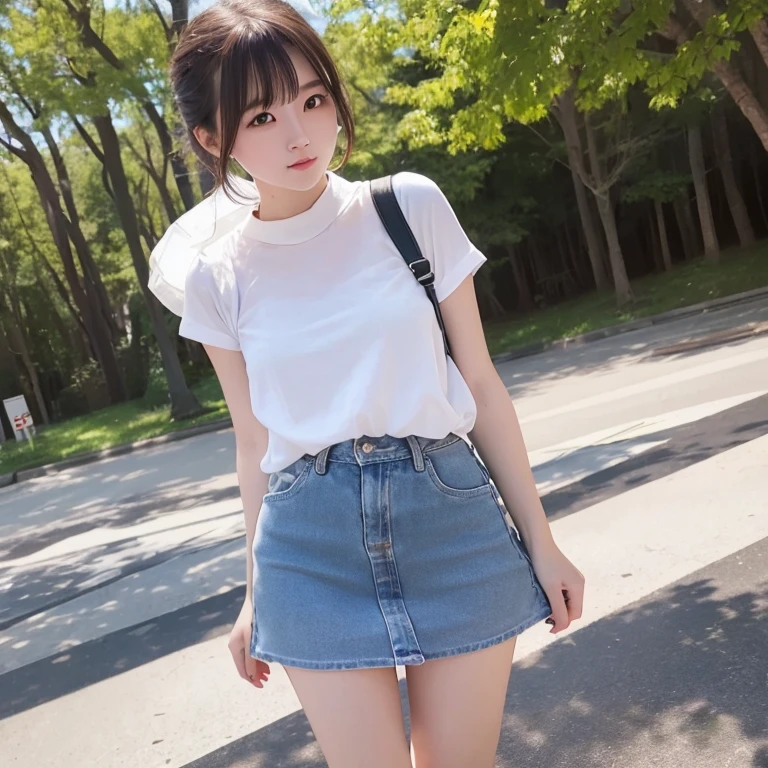 15 year old girl、Esbian、Denim Mini Skirt、、thick legs（Little tan）、bookshops、espadrilles