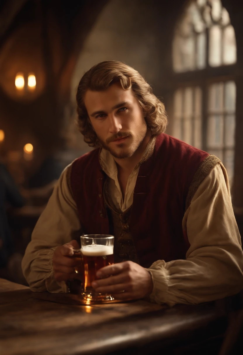 The image shows Bill in a cozy medieval tavern, enjoying a tankard of ale and engaging in lively conversation with fellow patrons.,original,In his early to mid-20s, Bill's appearance mirrors his internal struggles—short, light brown to blonde hair, soft features on a tall frame.