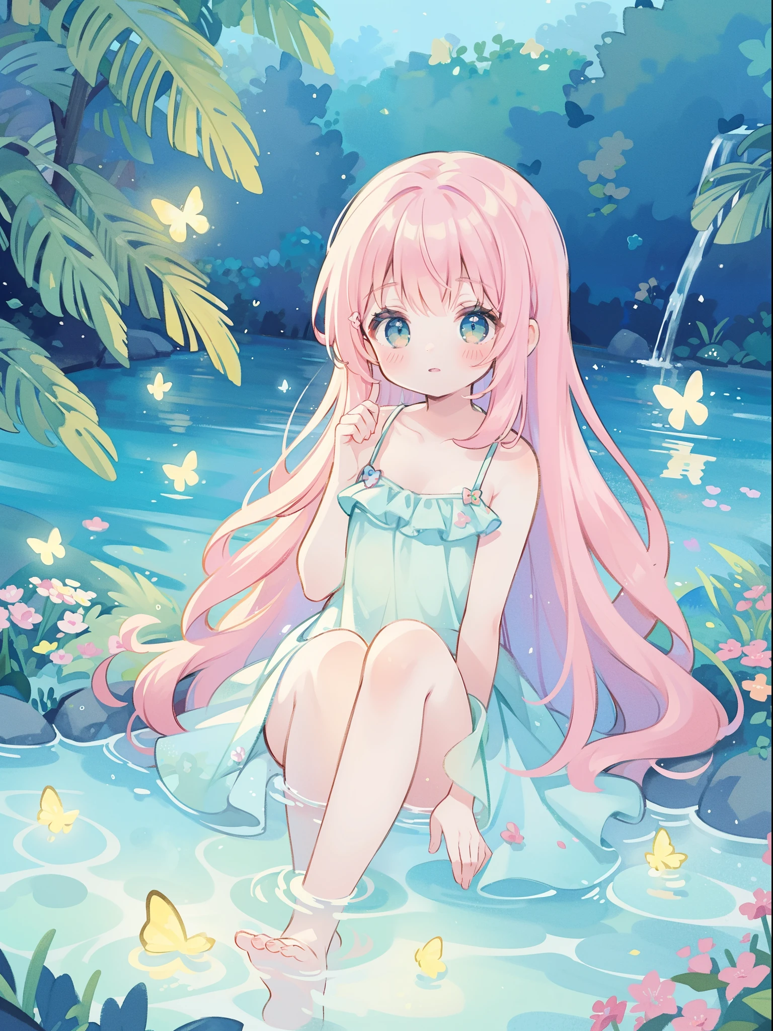 Random patterned swimsuit、Random patterned swimsuit,Swimsuit,Blushing、Medium semi-long hair、Pink Hair、Pale pink eyes 、Head to toe full body、Blushing、Embarrassed look、Composition from the front、A view from slightly below、school swimwear、Acme Face、Random pose、, 、nsfw、Highest quality、1 girl、solo、Ocean、Sandy Beach、Sexy pose、Random pose、Blushing、wet、Embarrassed、I can see half of my 、、One piece swimsuit、(Strap slip:1.3)、