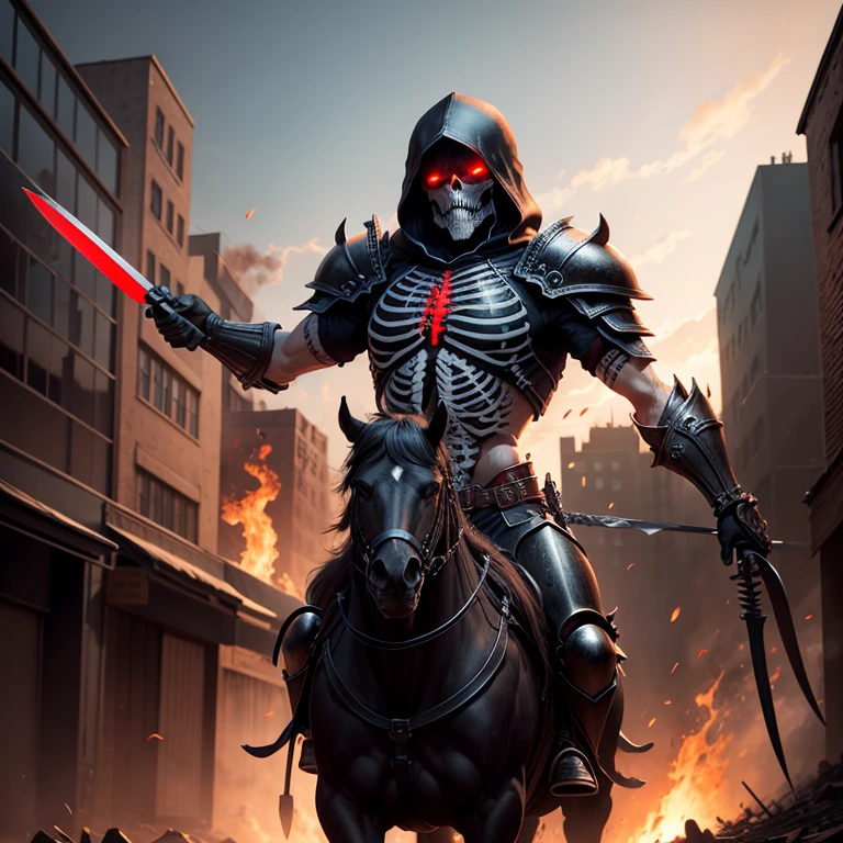 skeleton warrior,Black armor,red color eyes,ride horse,Armed with a long knife,Burning background,city ruins,Background shopping street