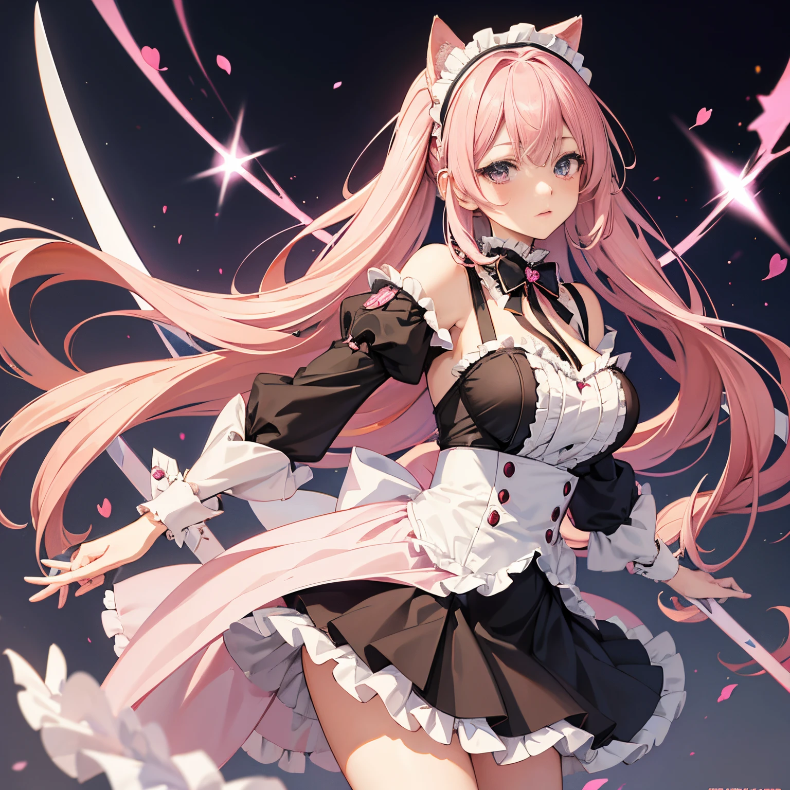 "anime girl, 1 person, pink hair, pink cat ears, pink eyes, maid outfit, maid,maid lolita, with twin takana swords on her back, takana sword, black women's open-shoulder jacket, lolita, black dress, big breasts , blushing, solo, frontal view . (full HD 4K+ image )"