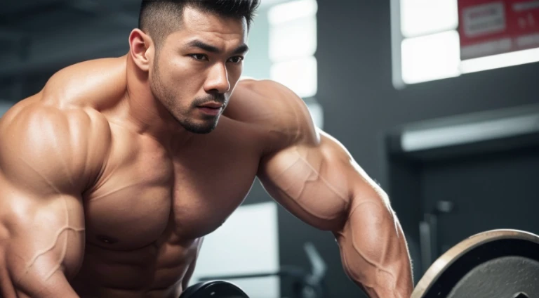 (Very detailed 8k wallpaper), Strong Asian Men, At the gym, high detailing, buzzcut, very large and strong body, bulging muscles, well-muscled, very large pectoral muscles. Very sexy abs, legs are muscular, Toned figure, lightens oily skin, muscular, Tank top, T-shirt, longshot, Wide Shot
