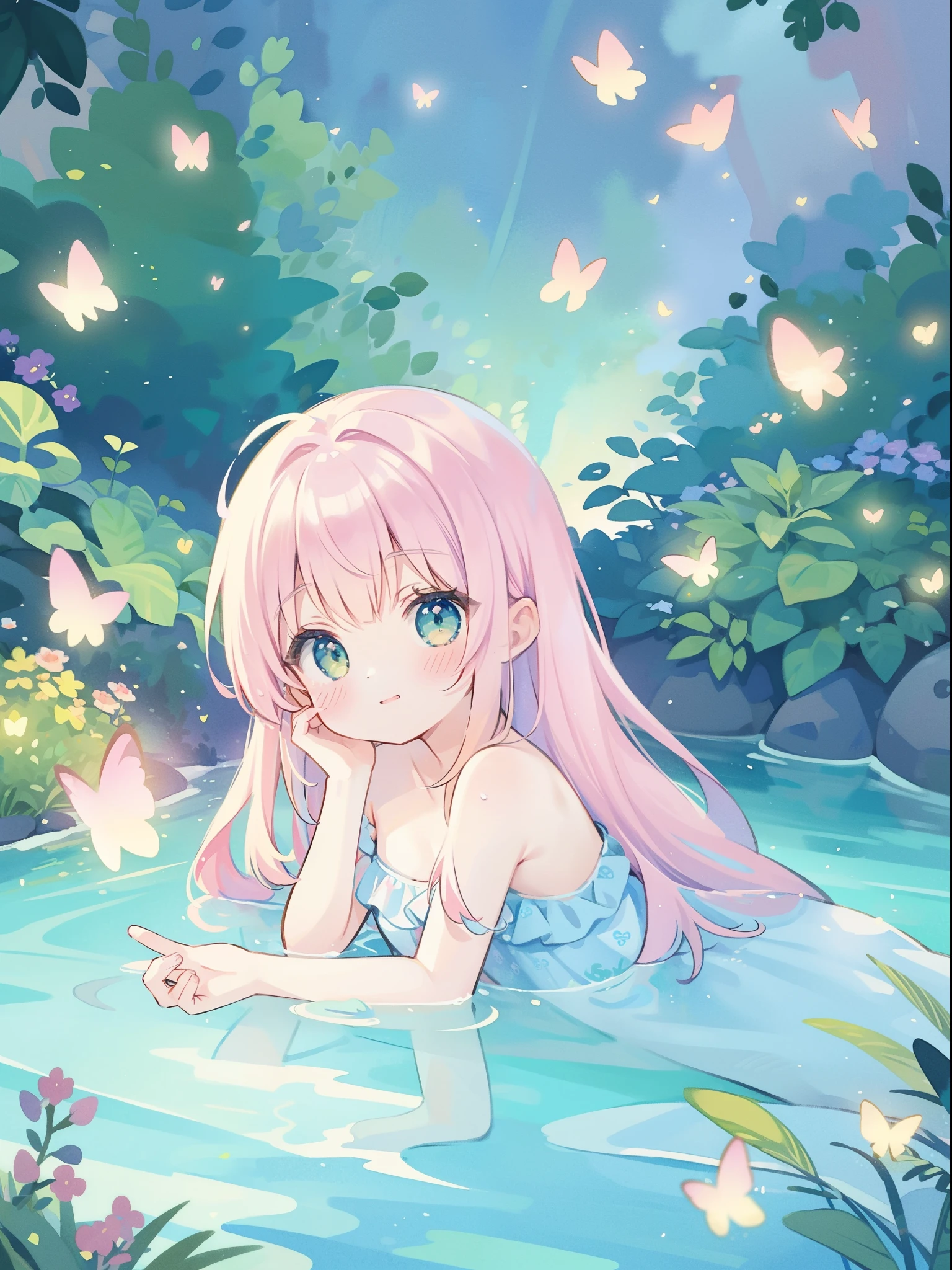 watercolor illustration, vibrant pastel colors, dreamy, colorful, whimsical, magical, masterpiece, best quality, sharp focus, intricately detailed environment, fine detail, 8k resolution, waterfall lagoon, water nymph girl, (magical lagoon), (waterfall, lake), (beautiful girl swimming in water), fireflies, glowing butterflies