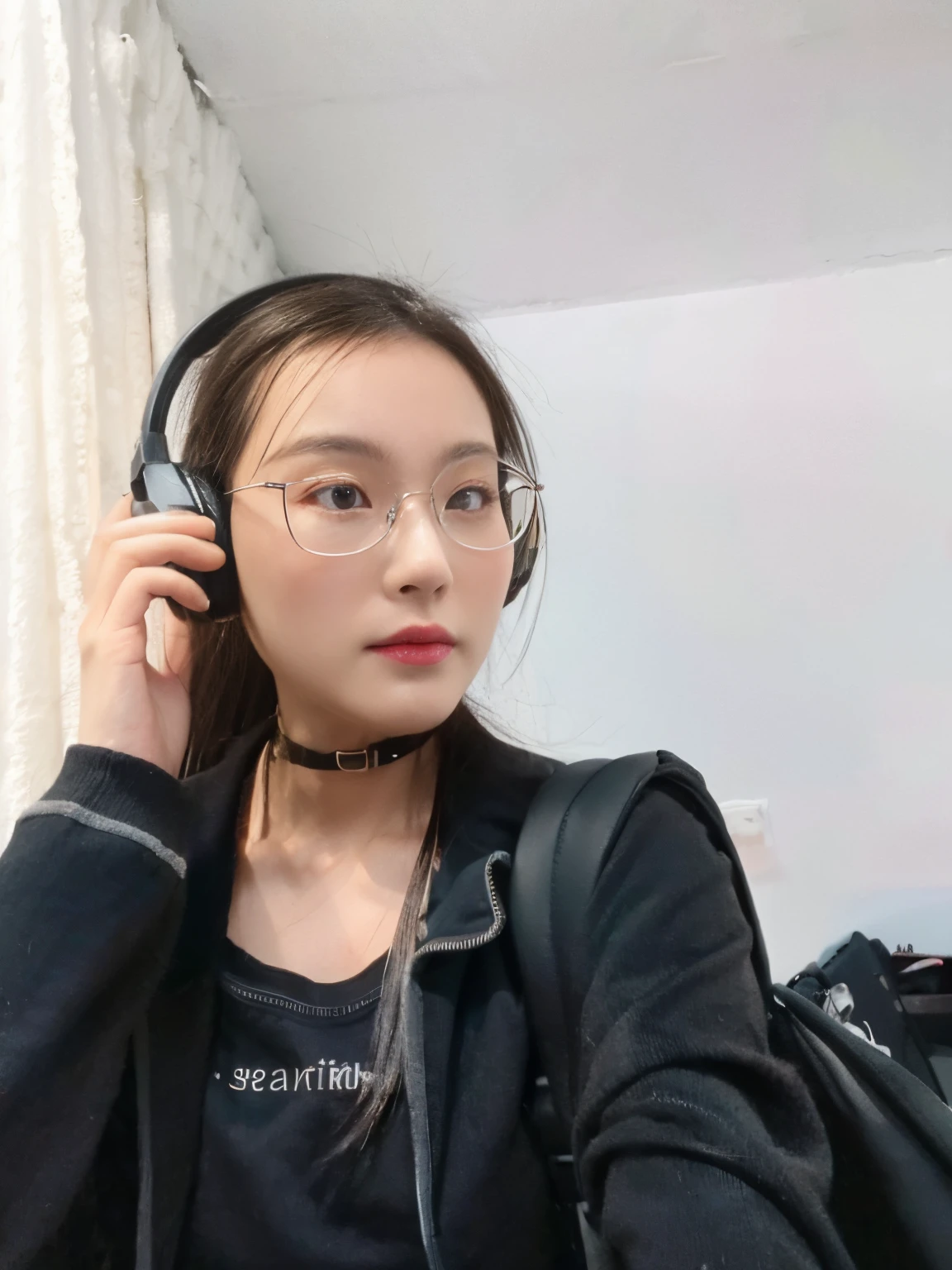 British street in background,In the setting sun,Holding black headphones with one hand,Holding a backpack with one hand,Asian girl with focused expression。